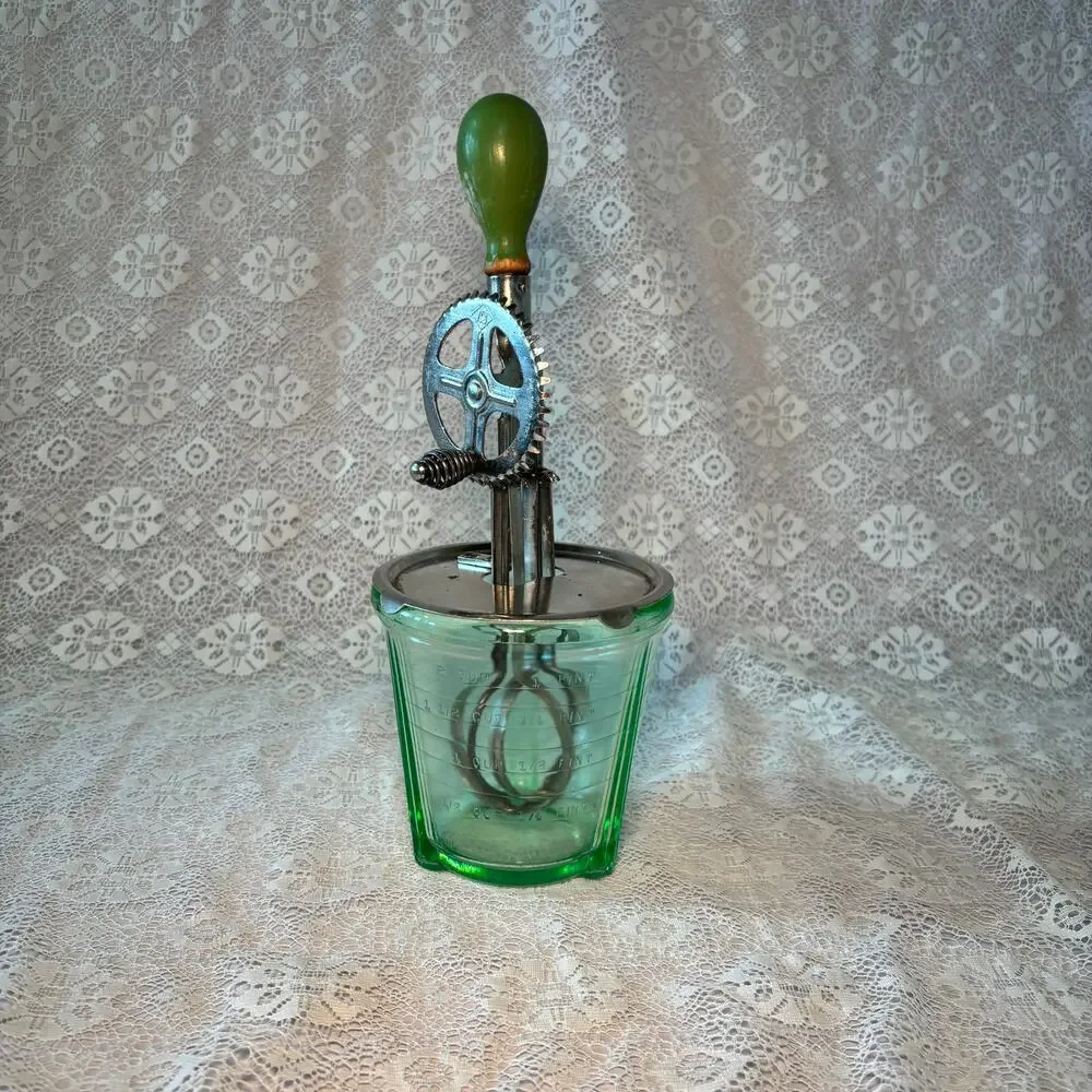 Vintage A/J 1920s Green Glass Hand-Crank Mixer Measuring Cup Depression Glass